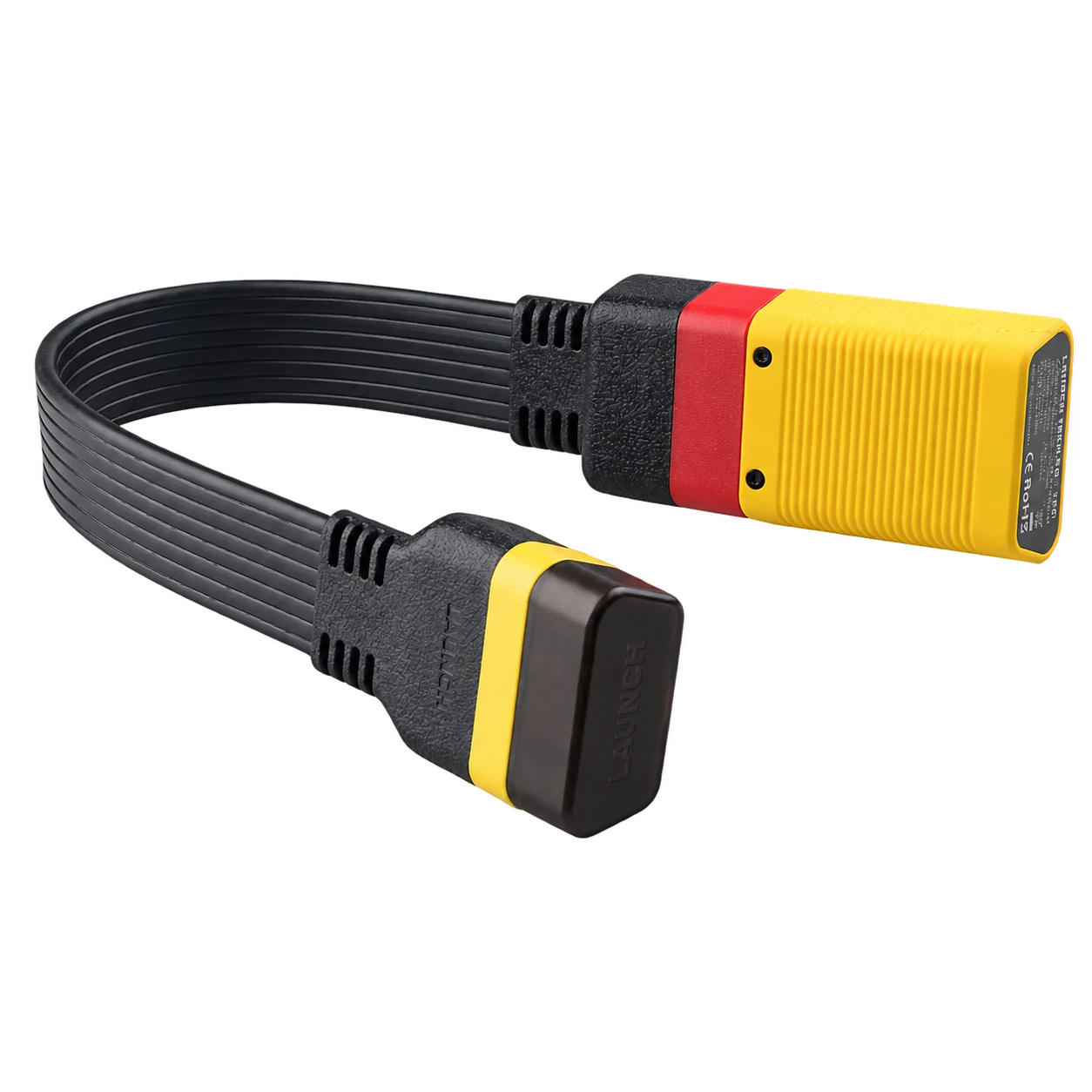 Open connection view of the Launch 30 cm OBD2 extension cable with a diagnostic device