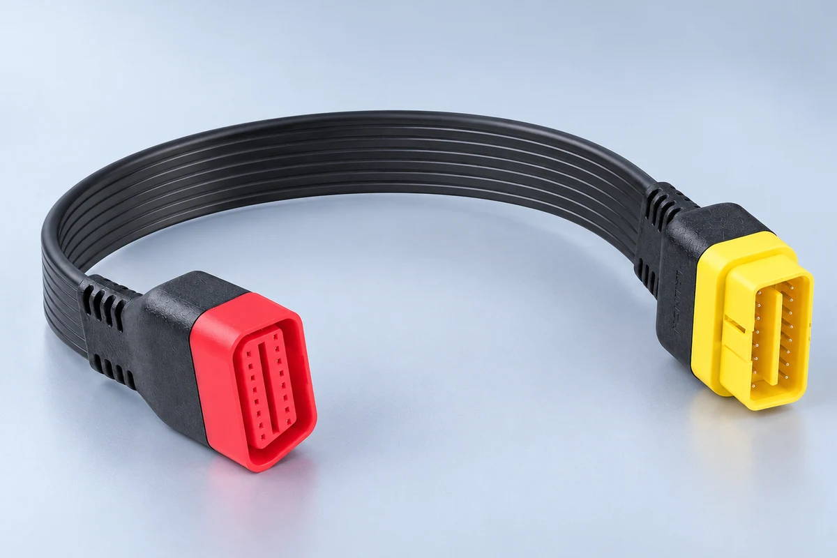 Launch 30 cm OBD2 extension cable with red female and yellow male ends on a gray studio background