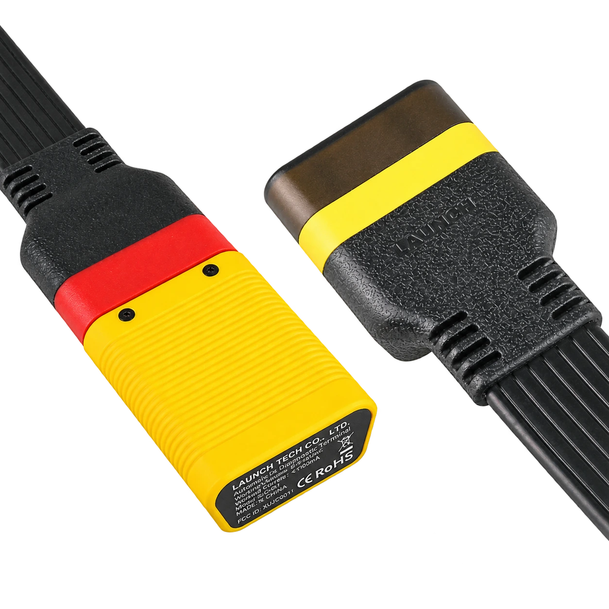 Close-up view of the connector ends of the Launch OBD2 extension cable plugged into the diagnostic device