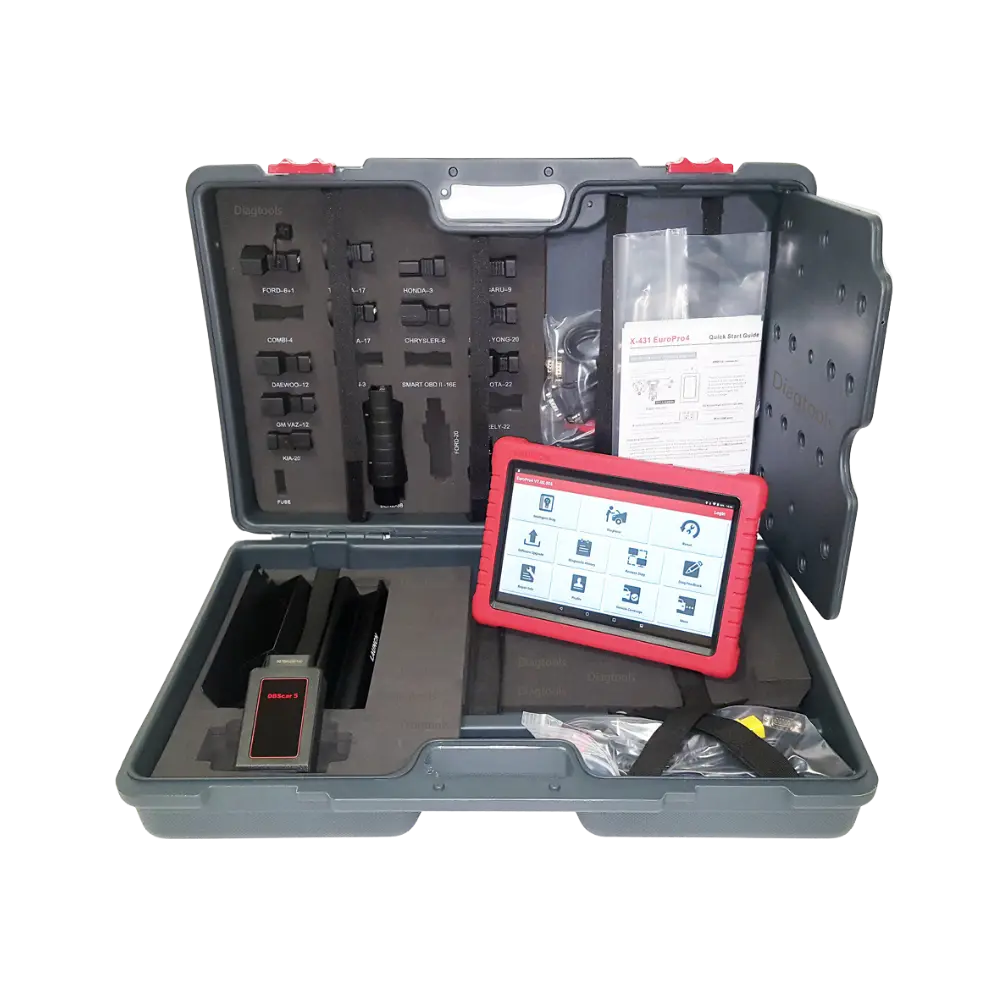 Launch X-431 EURO PRO 4 tam paket tablet, DBScar 5, eski tip araç adaptörleri ve taşıma çantası