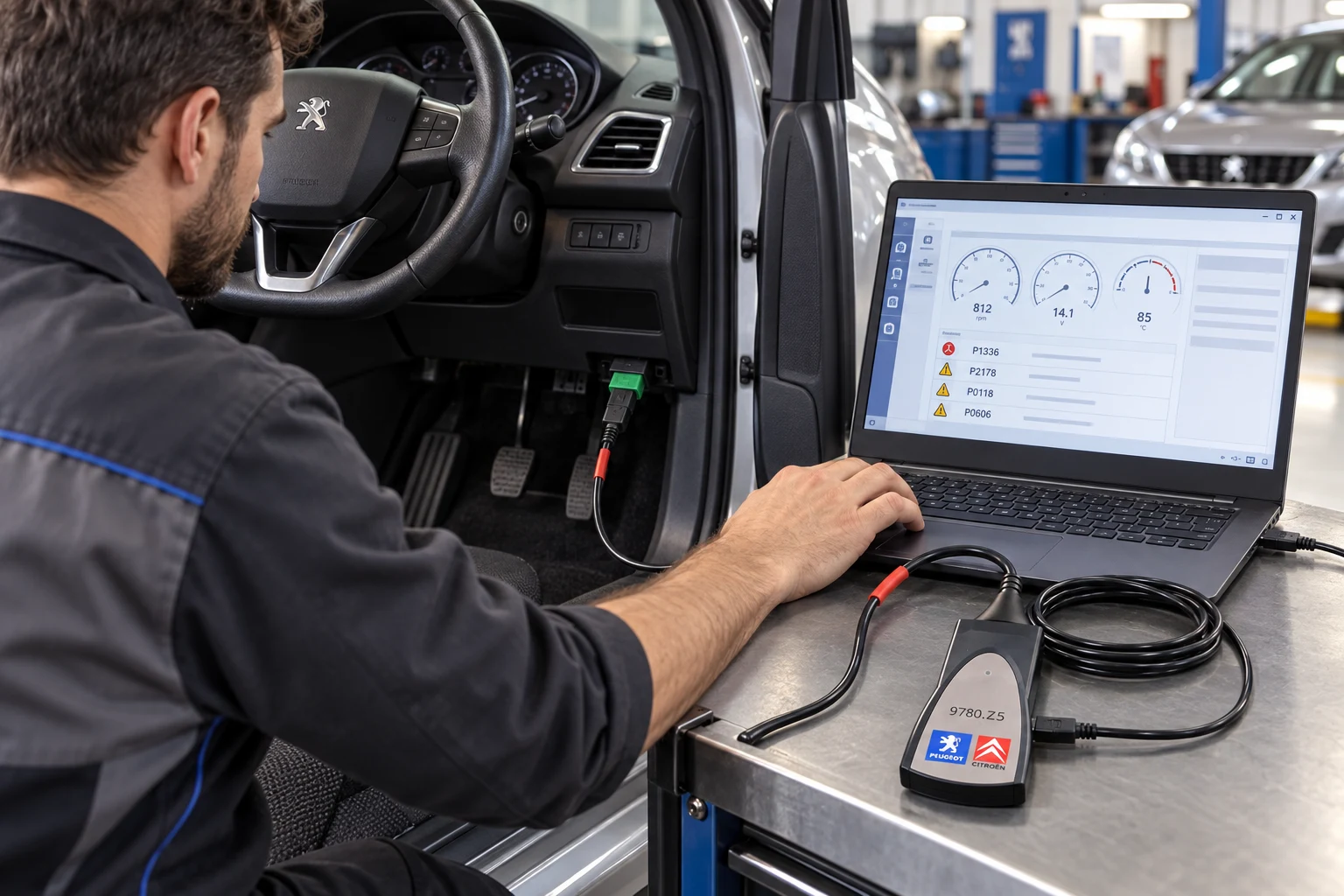Ustanın Lexia 3 DiagBox arıza tespit cihazını Peugeot araçta ve Windows bilgisayarda kullanması