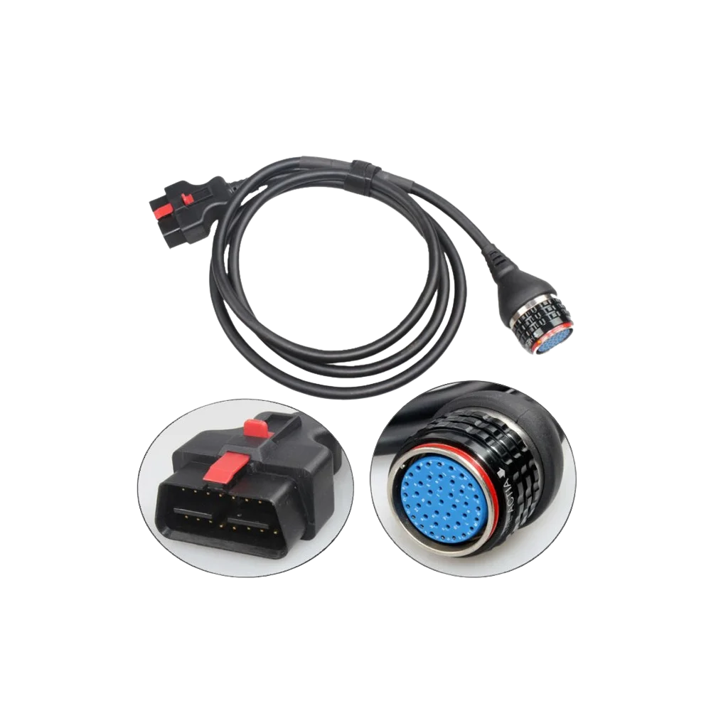 Mercedes SD Connect kablosunun yuvarlak çok pinli ve OBD2 uç detayları