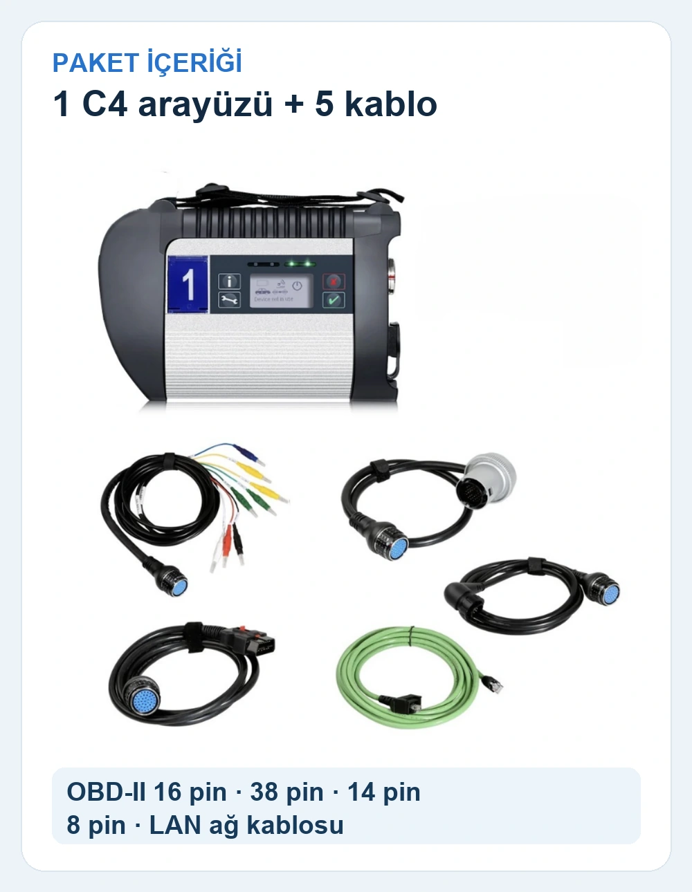 SD Connect C4 arayüzü ile beş bağlantı kablosunun paket içeriği
