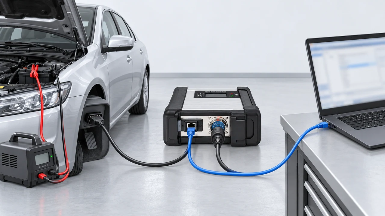 SD Connect C5 cihazında araç kablosu ve Ethernet kablosunun doğru portlara bağlandığı servis düzeni