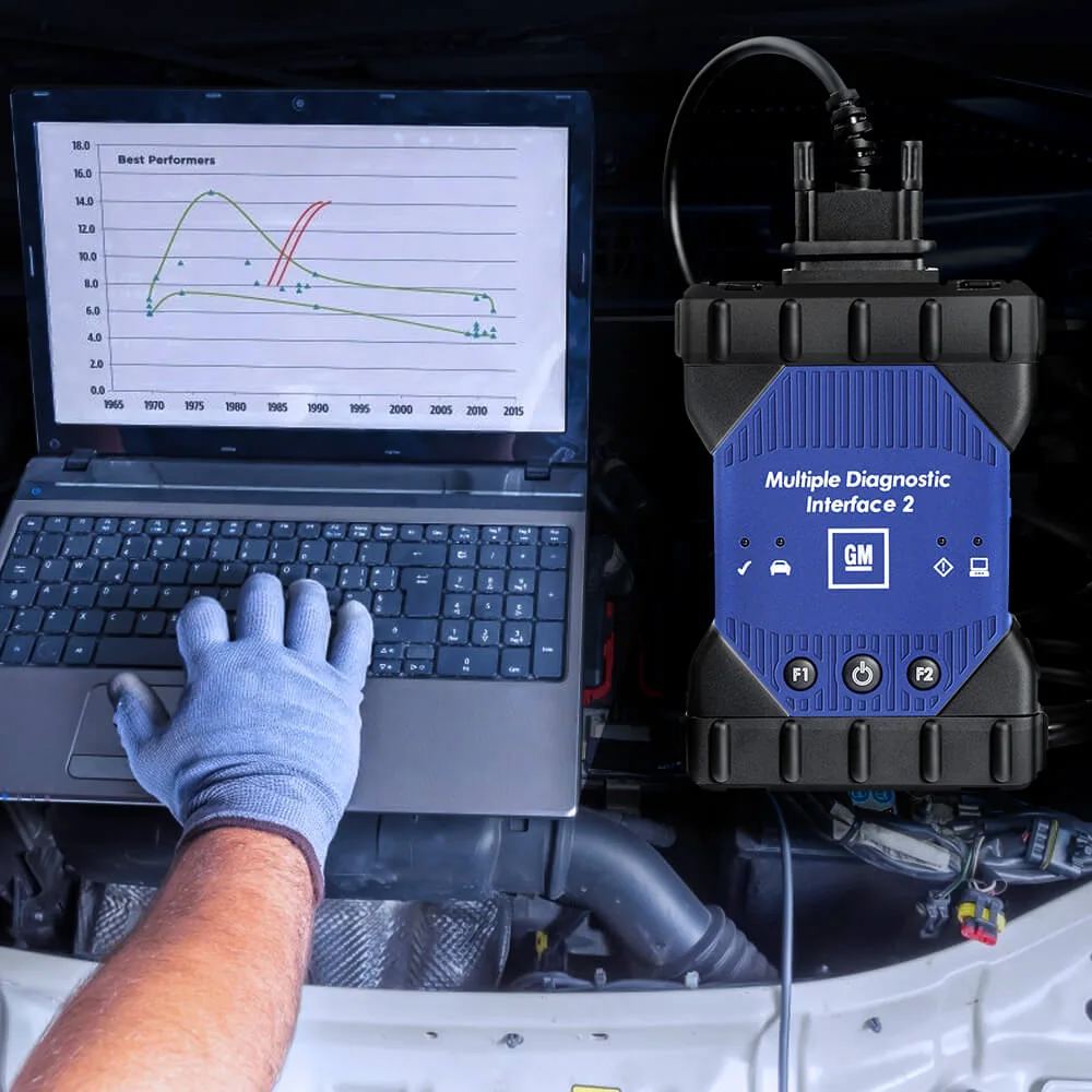 Representative workshop use of the MDI 2 compatible device next to a laptop and vehicle