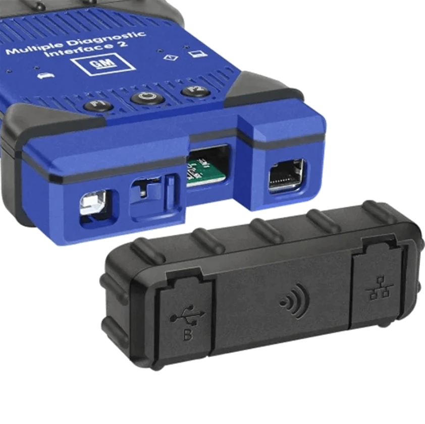 USB and network connection ports and cover detail of the MDI 2 compatible device
