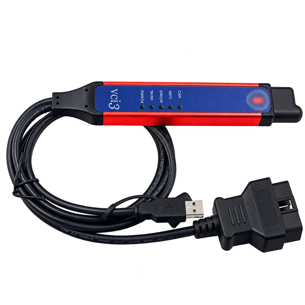 Scania VCI3 tipi diagnostik arayüzünün CAN INFO ERROR WLAN POWER göstergeleri ve kabloları