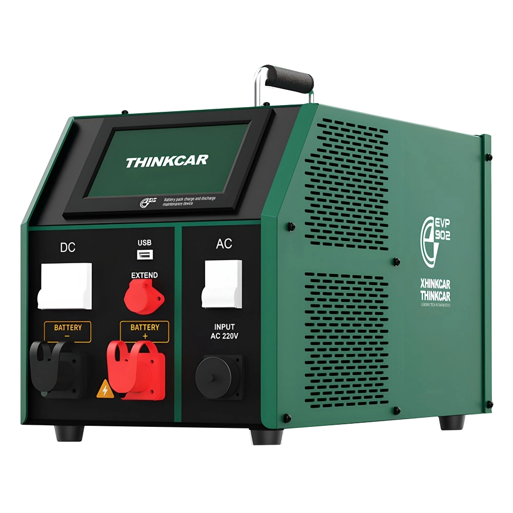 EVP 902 şarj ve deşarj cihazının DC ve AC bağlantıları, ekranı ve yan model etiketi