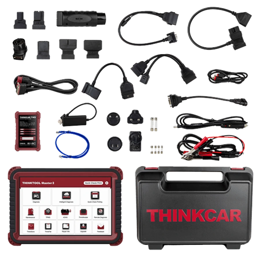Thinktool Master 2 tablet, TVCI, adaptörler ve taşıma çantası içeriği