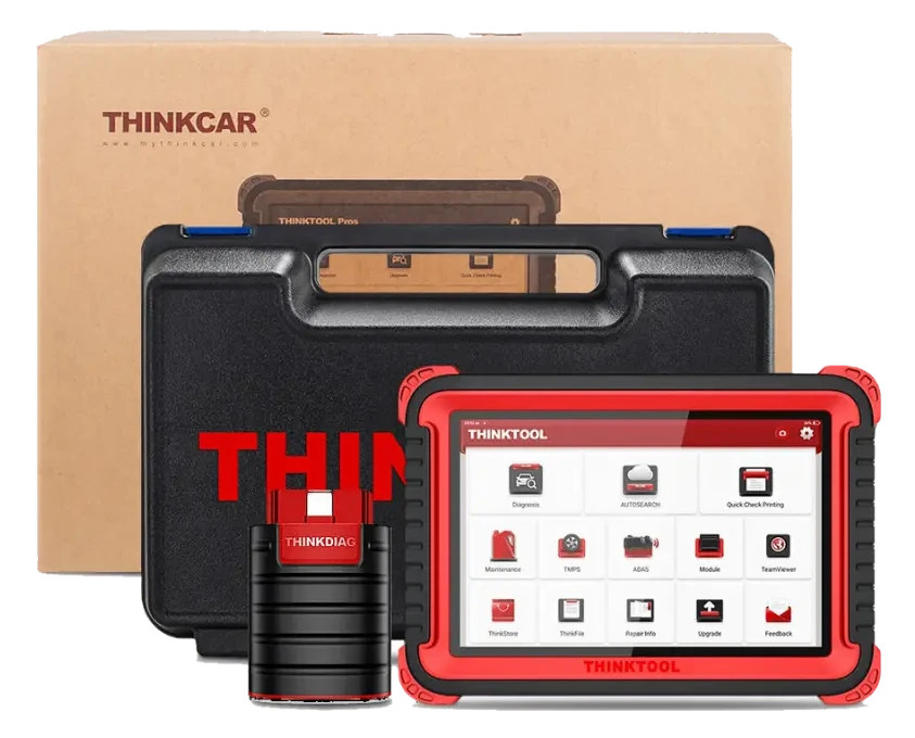 Thinktool Master tablet, VCI, taşıma çantası ve kutu paket görseli