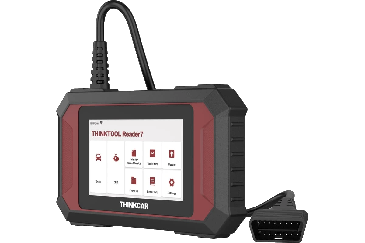 Front-facing red and black device body, fixed cable, and 16-pin OBD plug