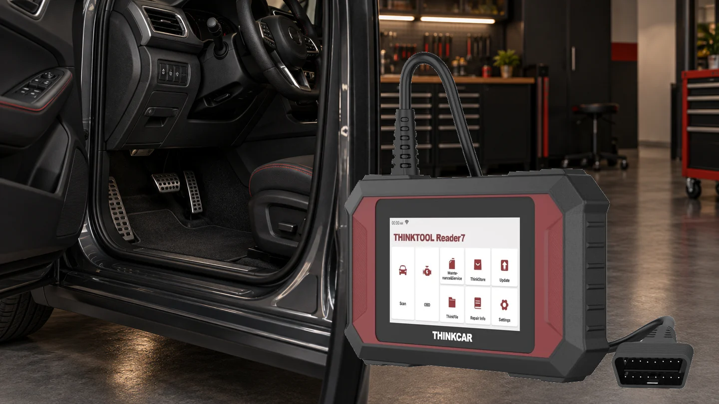 Setup scene showing the Reader 7 body, fixed cable, and in-vehicle OBD access