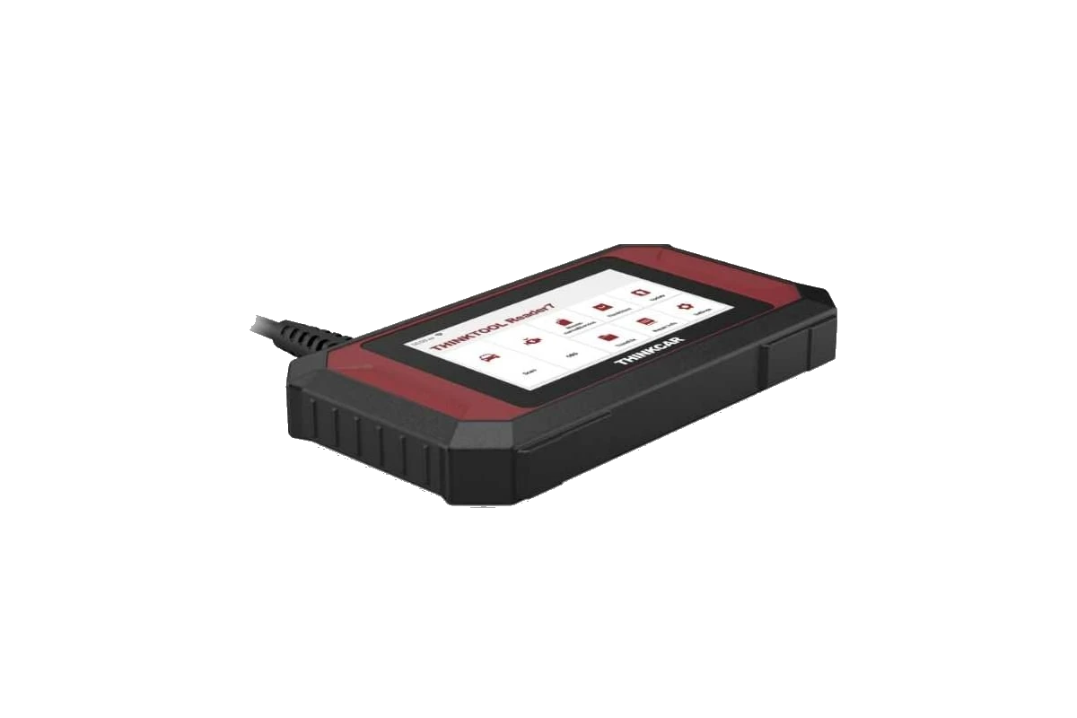 Low-angle view of the Thinktool Reader 7 device showing the screen, protective housing, and cable entry