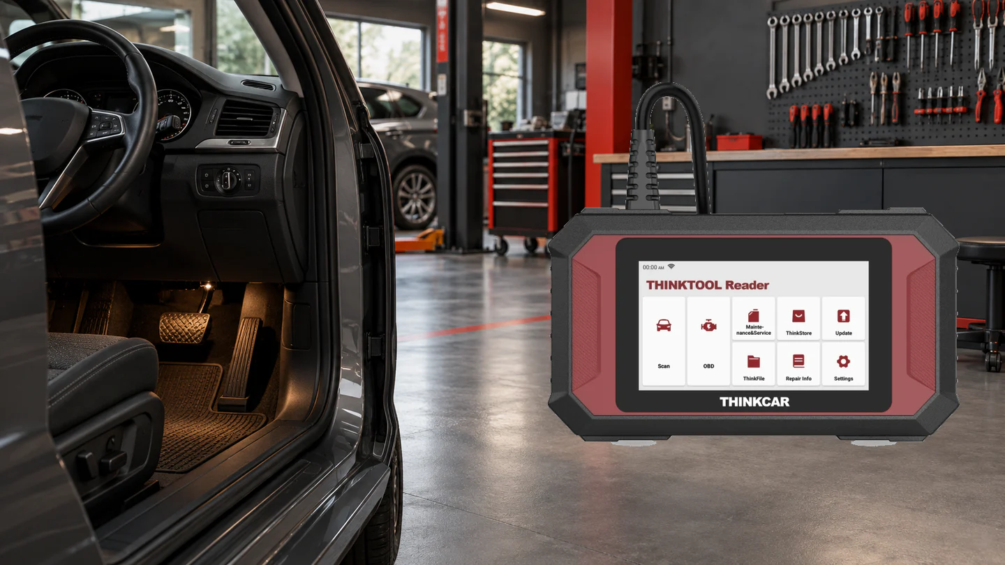 Illustration showing the actual Reader 7 device, in-vehicle OBD access, and service usage environment