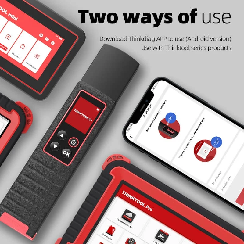 G1 cihazının Thinkdiag Android uygulaması ve Thinktool tabletlerle kullanımını gösteren tanıtım görseli
