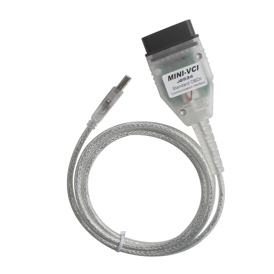 USB ve OBD uçları görünen Mini VCI tipi Toyota diagnostik kablosu