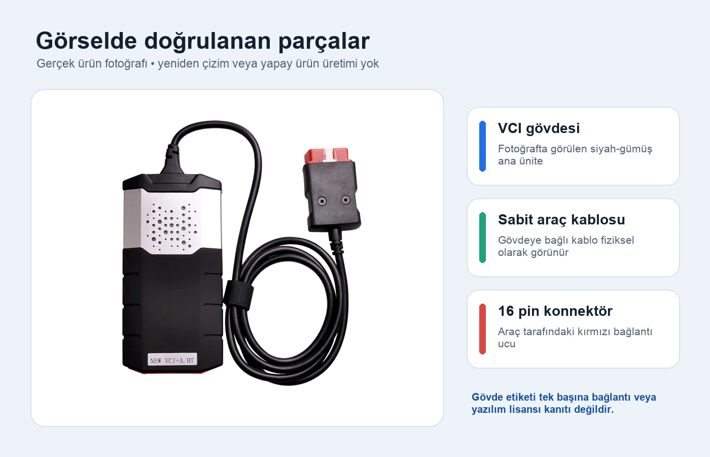 Description of housing, fixed cable, and 16-pin connector on the Universal OEM passenger car VCI device