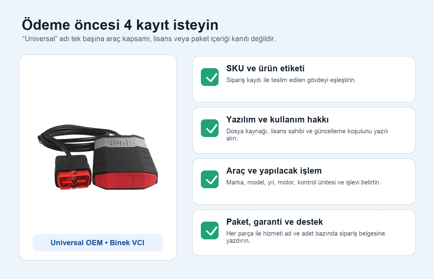 SKU, license, vehicle, and package checklist for Universal OEM Passenger Car VCI