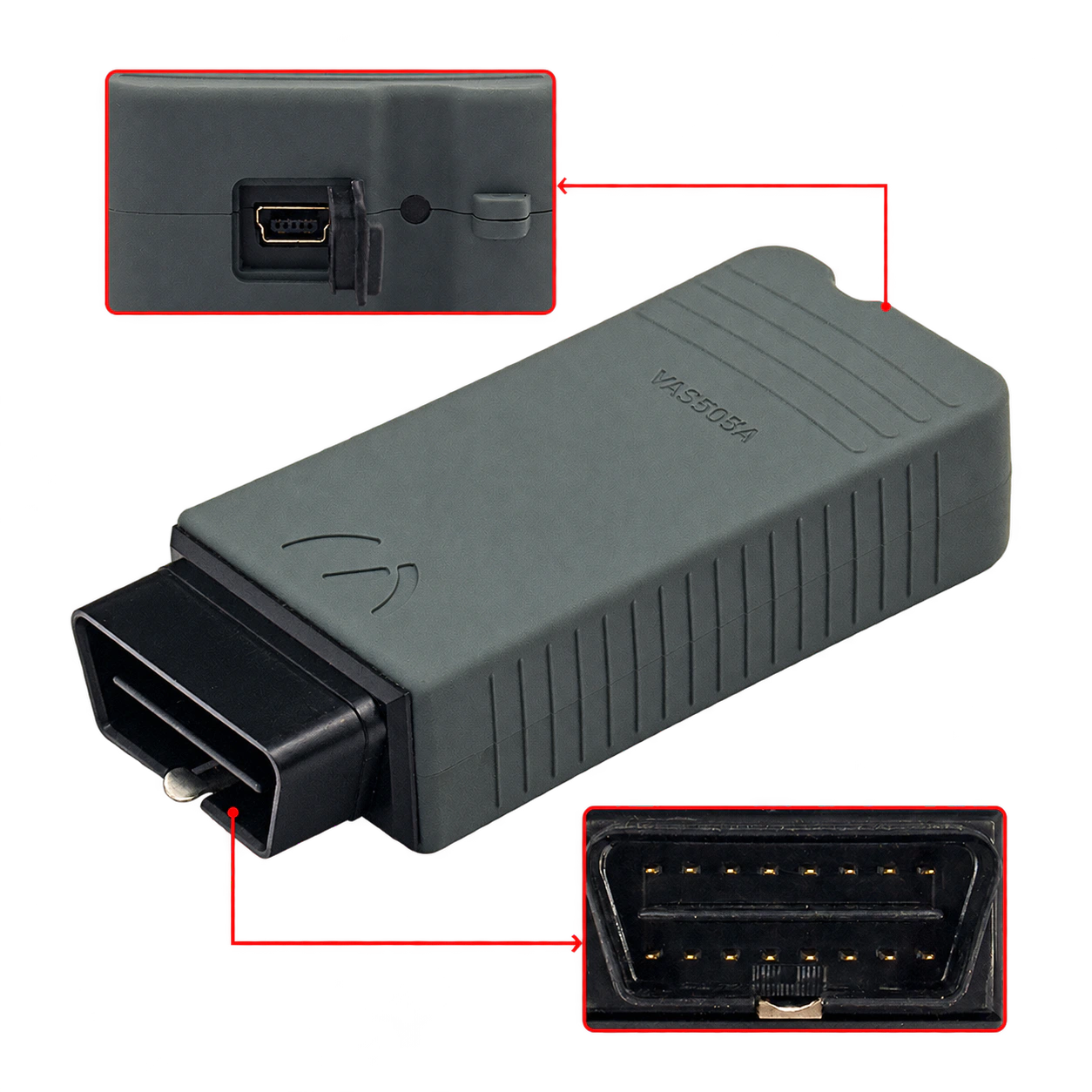 VAS5054A OBD fişi ve mini USB bağlantı noktalarını gösteren ürün görseli