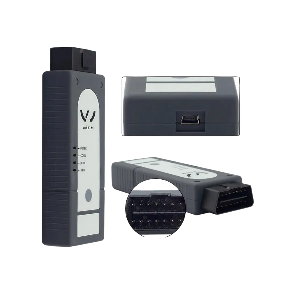 VAS 6154 tipi Volkswagen arıza tespit cihazı ön gövde, OBD pinleri ve mini USB port ayrıntısı