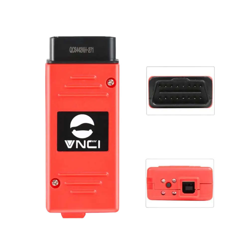 VNCI 6154A ön gövde, OBD pinleri ve USB bağlantı portu detayları