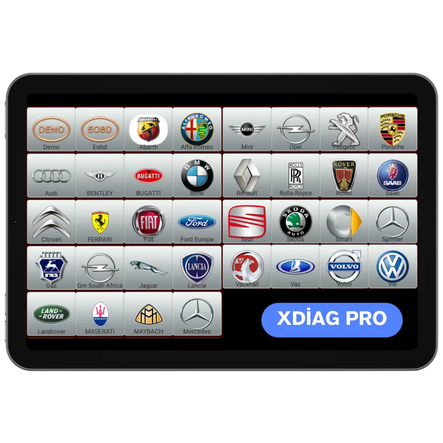 XDiag Pro vehicle brand menu on the tablet screen