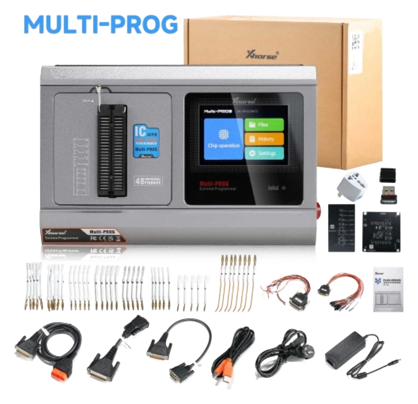 Xhorse Multi-Prog ana cihaz, güç kaynağı, OBD kablosu, DB15 kablolar ve adaptörlerden oluşan paket