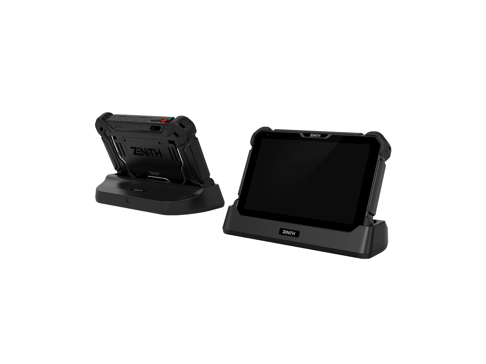 Zenith Z7 Pro tabletin şarj standında ön ve arka görünümü