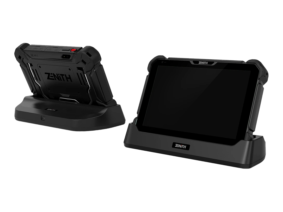 Zenith Z7 Pro tablet front and rear view on charging stand